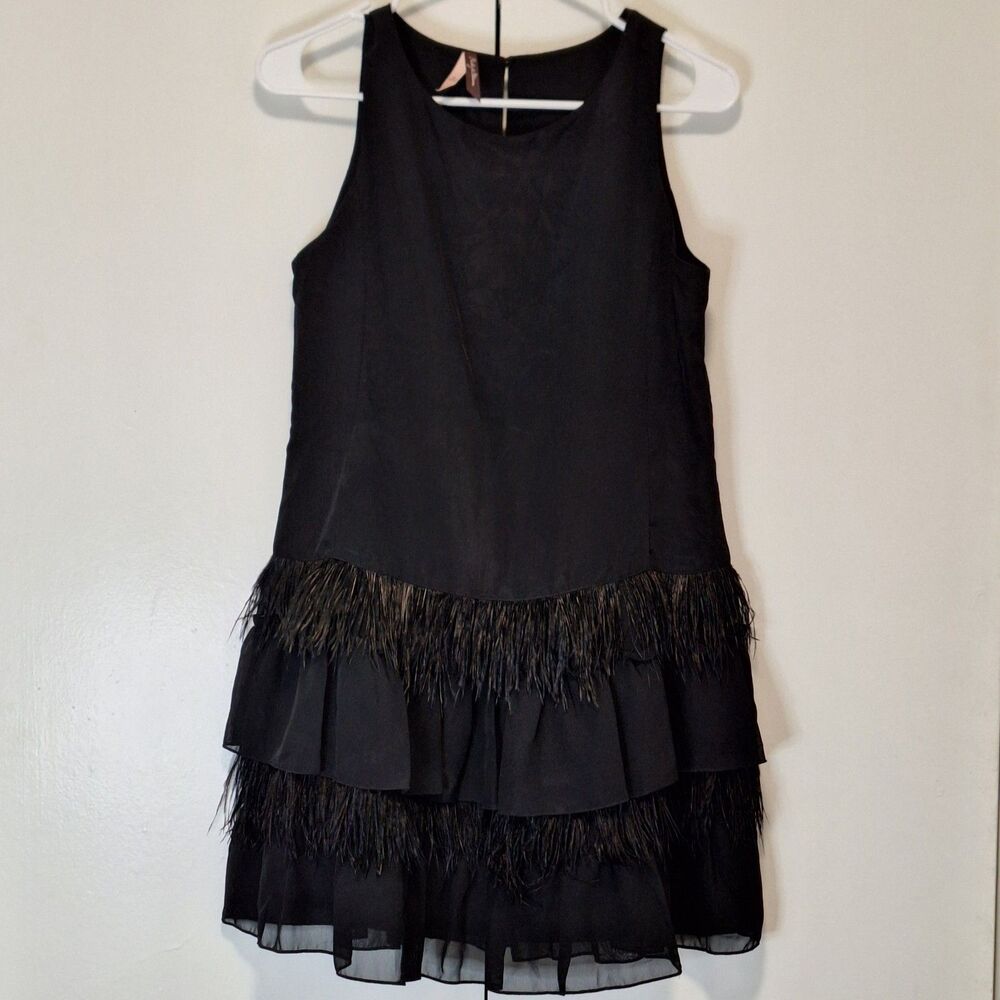 Ruby & Bloom Girls Black Sleeveless Dress Genuine Ostrich Feather Hem Size 14